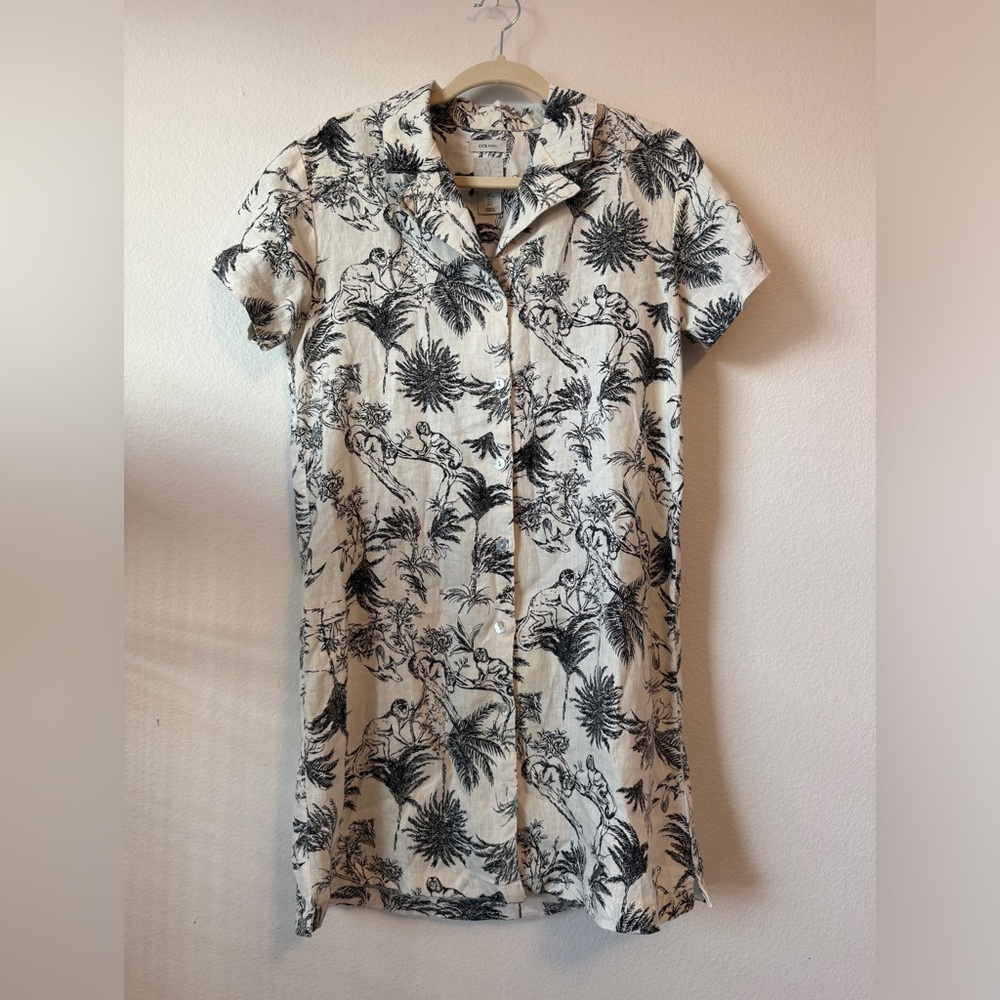 Joie 100% Linen Button-Front Short Sleeve Dress  Ivory with Tropical Black Print